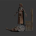 Antique Wooden Cart With Wheels Standing Ancient Clothed Figure And Lying Model On Ground
