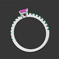 Silver Band Ring With Purple Center Gemstone And Green Side Stones
