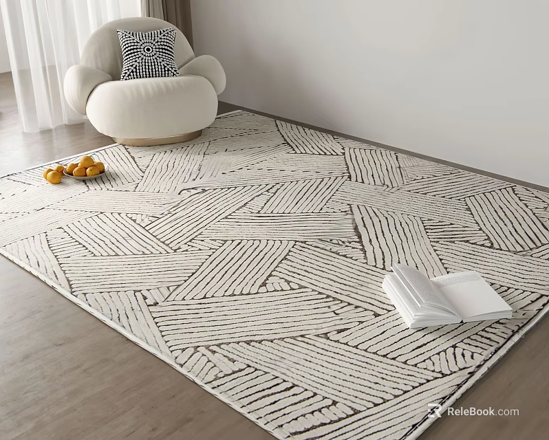 Square Rug with Geometric Striped Lines Neutral Beige Black in Living Room Cozy Chair Books 3d model 