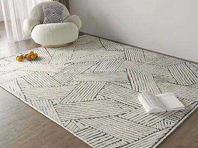 Square Rug with Geometric Striped Lines Neutral Beige Black in Living Room Cozy Chair Books 3d model