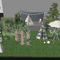 Outdoor Window Display With Teepee Tents Green Plants Pink Flowers And Decorative Lights