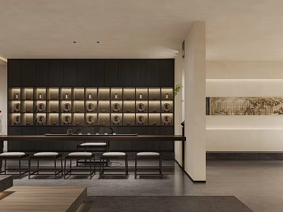 Modern Boutique Store Interior With Dark Display Cabinets Circular Decor And Wooden Counter 3d model
