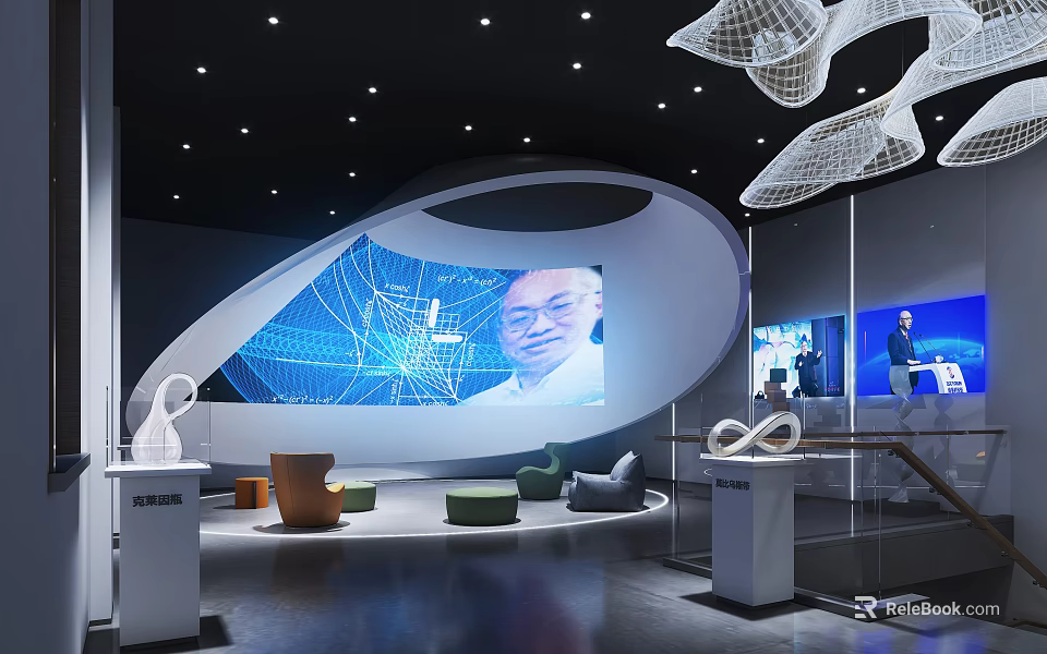 Modern Exhibition Hall Interior With Curved Screen Human Image And Unique Furniture 3d model 