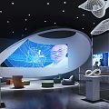 Modern Exhibition Hall Interior With Curved Screen Human Image And Unique Furniture