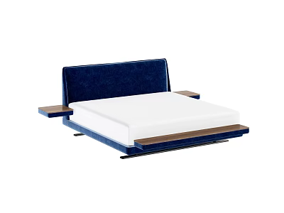 Modern Double Bed With Navy Blue Upholstered Headboard White Mattress And Wooden Side Platforms 3d model
