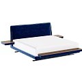 Modern Double Bed With Navy Blue Upholstered Headboard White Mattress And Wooden Side Platforms