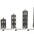 Industrial Equipment Featuring Multiple Tall Metal Frame Towers With Interconnected Piping And Ladders