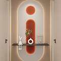 Entryway Hallway With Arch Design Orange Striped LED Light Strips Rabbit Figurine Plant On Shelf