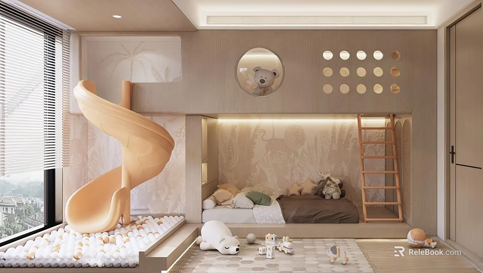 Playful Kids Room Interior With Spiral Slide Bunk Bed Wall Decorations And Stuffed Toys 3d model 