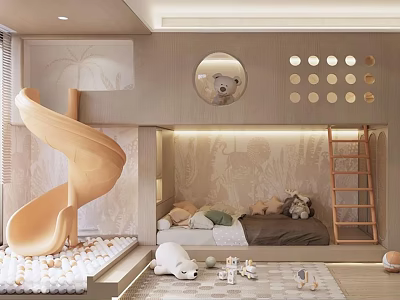 Playful Kids Room Interior With Spiral Slide Bunk Bed Wall Decorations And Stuffed Toys 3d model