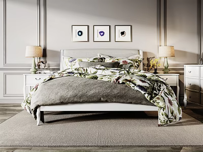 Double Bed Interior With Three Framed Paintings Bedside Tables Lamps Floral Quilt And Gray Blanket 3d model