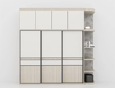 Modern Light Wood Wardrobe With Sliding Doors And Layered Storage Design 3d model