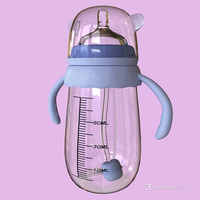 Ceramic Baby Bottle With Transparent Body Measurement Scale Blue Nipple Handles And Pink Background 3d model 