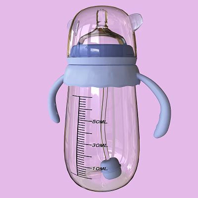 Ceramic Baby Bottle With Transparent Body Measurement Scale Blue Nipple Handles And Pink Background 3d model