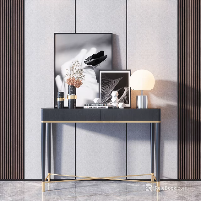 Elegant Modern Console Table With Decorative Paintings Table Lamp And Metal Frame 3d model