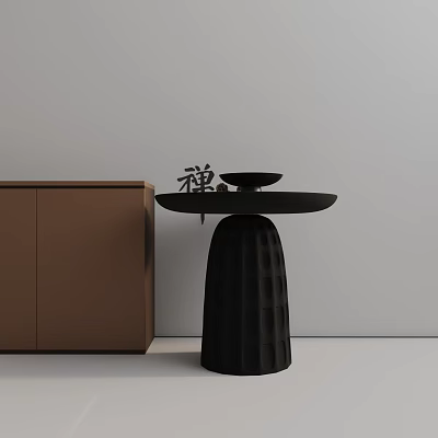 Black Zen Style Side Table with Textured Cylindrical Base Beside Brown Cabinet 3d model