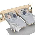 Minimalist Double Bed with Wooden Headboard Colorful Pillows Gray Blanket Nightstand Lamp and Hanging Lights