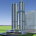 Modern Office Building Complex With Tall Glass Skyscrapers And Connecting Sky Bridge