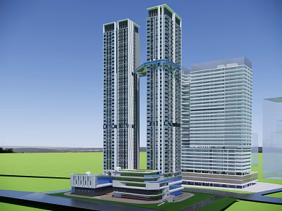 Modern Office Building Complex With Tall Glass Skyscrapers And Connecting Sky Bridge 3d model