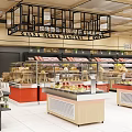 Supermarket Bread Section Interior With Display Counters Shelves Hanging Lights And Products