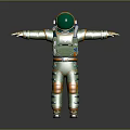 Man in Green Astronaut Suit With Orange Accents Stands Arms Outstretched Against Gray Background