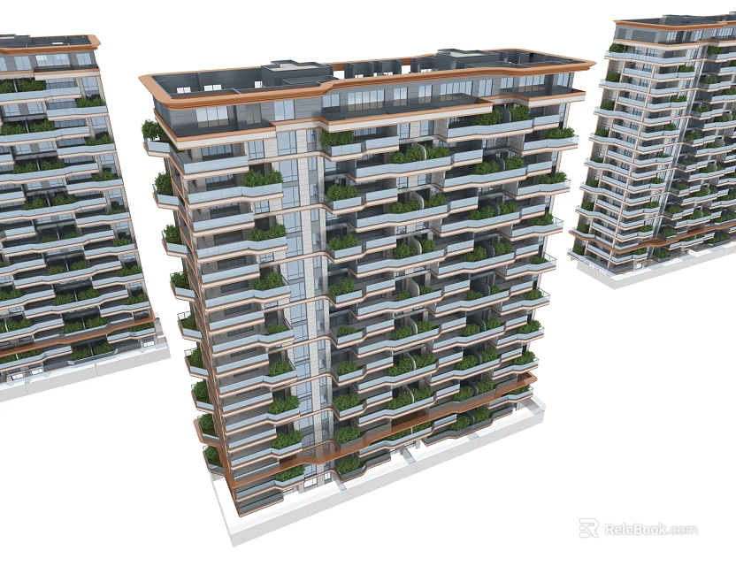 Modern High Rise Residential Buildings Exterior Design With Balconies And Green Plants 3d model 