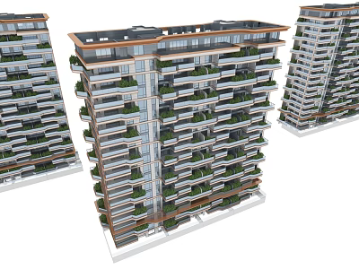 Modern High Rise Residential Buildings Exterior Design With Balconies And Green Plants 3d model