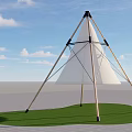 Modern Conical Sunshade With Wooden Support Poles On Grass Field Under Blue Sky