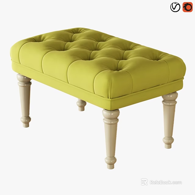Green Tufted Ottoman Bench with Light Wood Legs Modern Living Room Furniture 3d model 