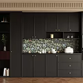 Modern Black Wine Cabinet Design With Patterned Wallpaper And Decorative Plants 3d model