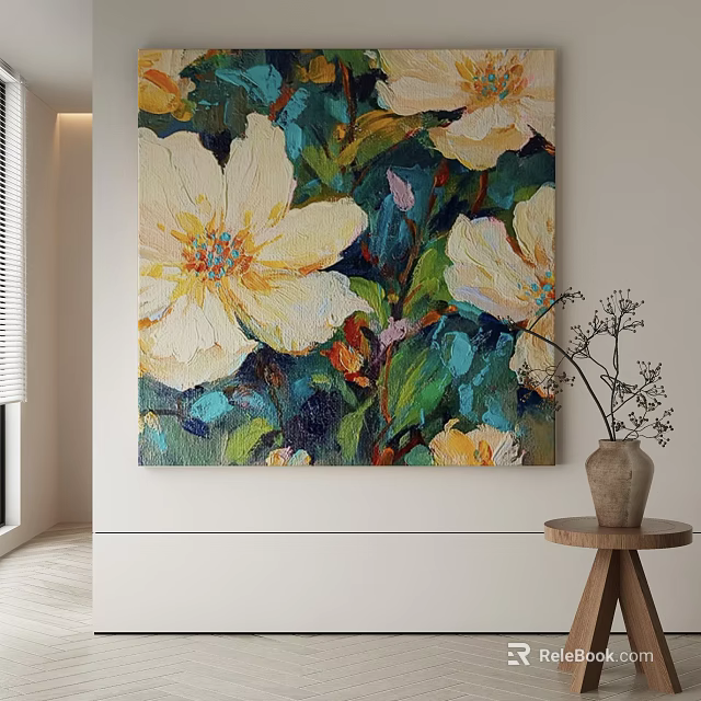 Abstract Painting Featuring Yellow Flowers Green Leaves And Blue Textured Background For Interior Decor 3d model 