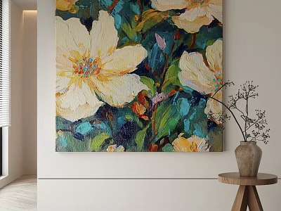Abstract Painting Featuring Yellow Flowers Green Leaves And Blue Textured Background For Interior Decor 3d model