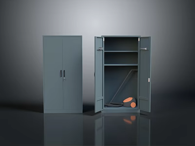 Gray Storage Cabinet With Open And Closed Doors Interior Shelves And Items 3d model