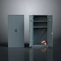 Gray Storage Cabinet With Open And Closed Doors Interior Shelves And Items