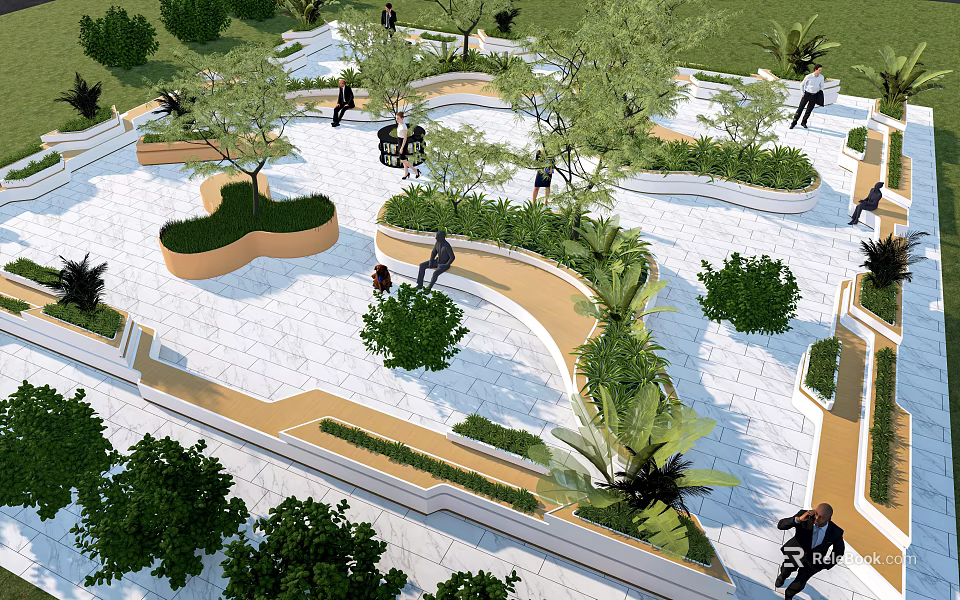 Modern Scenic Park Landscape With Curved Pathways Lush Greenery And People Enjoying 3d model 