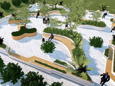 Modern Scenic Park Landscape With Curved Pathways Lush Greenery And People Enjoying 3d model