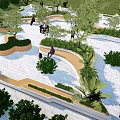 Modern Scenic Park Landscape With Curved Pathways Lush Greenery And People Enjoying