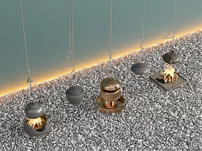 Courtyard Garden With Hanging Lanterns Flames Gravel Ground And Yellow Light Strip 3d model