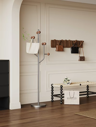 Modern Entryway Interior Featuring Coat Rack Wall Hook Rack Hanging Bags Bench And Woven Basket 3d model