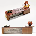 Elegant Tea Table And Chairs With Wooden Marble Top And Tea Sets Decorations