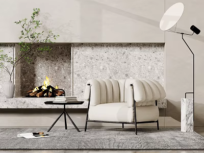 Tufted Single Sofa In Modern Interior With Fireplace Floor Lamp And Marble Accents 3d model