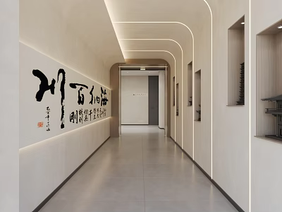 Modern Minimalist Hotel Lobby Corridor With Calligraphy Art Lighting Strips And Display Shelves 3d model