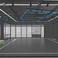 Modern Ballroom Interior With Black Floor Blue White Ceiling Light Strips Glass Partitions And Seats