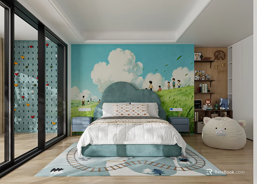 Kids Bedroom With Blue Wall Cloud Mural Cloud Shaped Headboard Train Track Rug Climbing Wall 3d model 