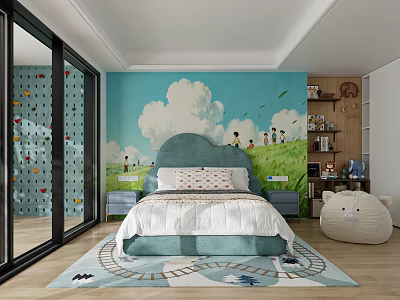 Kids Bedroom With Blue Wall Cloud Mural Cloud Shaped Headboard Train Track Rug Climbing Wall 3d model
