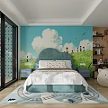 Kids Bedroom With Blue Wall Cloud Mural Cloud Shaped Headboard Train Track Rug Climbing Wall