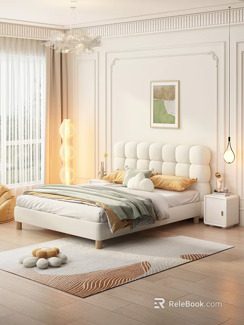 Modern Bedroom Double Bed With Tufted Headboard Pillows Blanket Floor Lamp And Wall Art 3d model 