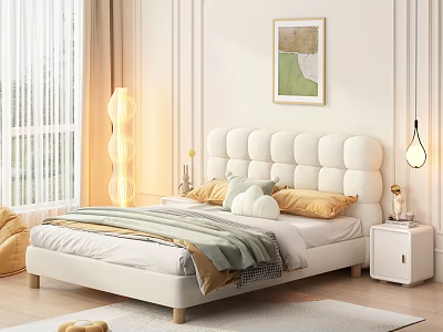 Modern Bedroom Double Bed With Tufted Headboard Pillows Blanket Floor Lamp And Wall Art 3d model