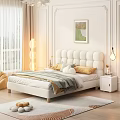 Modern Bedroom Double Bed With Tufted Headboard Pillows Blanket Floor Lamp And Wall Art