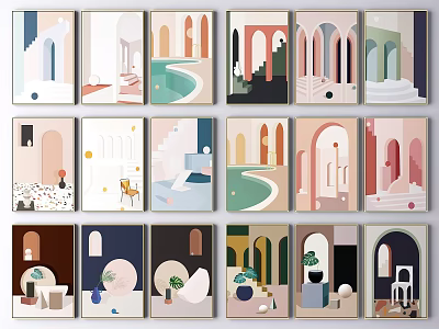 Colorful Decorative Paintings With Various Interior Elements Archways Staircases And Geometric Designs 3d model